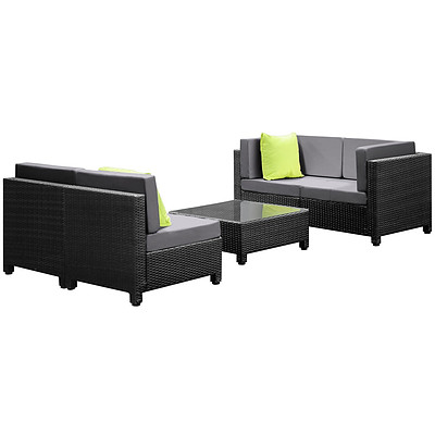 5 pcs Black Wicker Rattan 4 Seater Outdoor Lounge Set Grey - Brand New