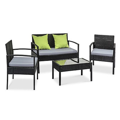 4 Seater Sofa Set Outdoor Furniture Lounge Setting Wicker Chairs Table Rattan Lounger Bistro Patio Garden Cushions Black - Brand New - Free Shipping