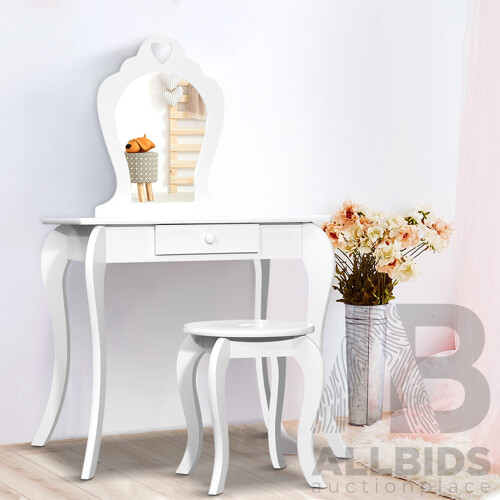 White Kids Vanity Dressing Table Stool Set Mirror Princess Children Makeup - Brand New - Free Shipping