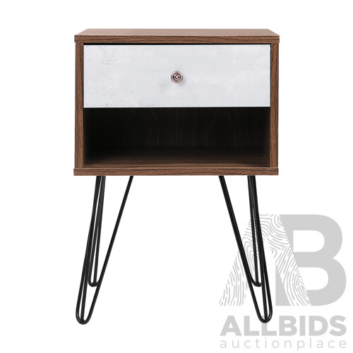Bedside Table with Drawer - White & Walnut - Free Shipping