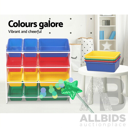 12 Plastic Bins Kids Toy Organiser Box Bookshelf Storage Children Rack - Brand New - Free Shipping