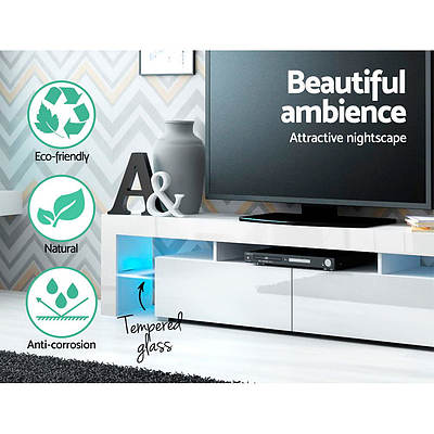 189cm RGB LED TV Stand Cabinet Entertainment Unit Gloss Furniture Drawers Tempered Glass Shelf White - Brand New - Free Shipping