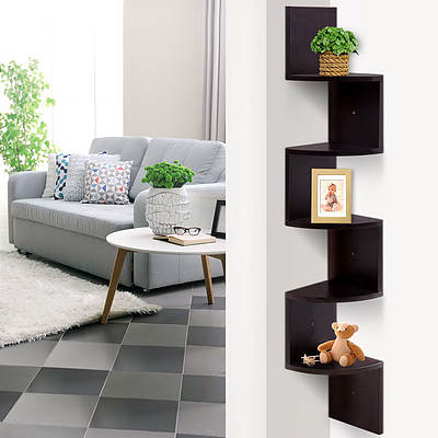 5 Tier Corner Wall Floating Shelf Mount Display Bookshelf Rack Brown - Brand New - Free Shipping