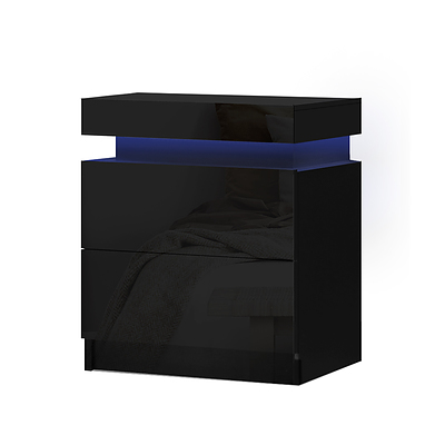 Bedside Tables Side Table Drawers RGB LED High Gloss Nightstand Black