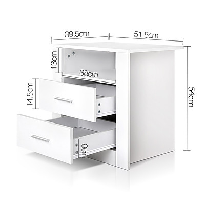 Anti-Scratch Bedside Table 2 Drawers - White - Free Shipping