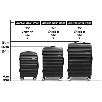 3 Piece Lightweight Hard Suit Case Luggage Black - Brand New - Free Shipping