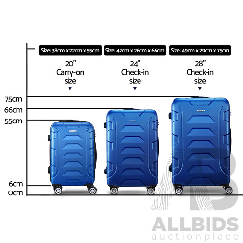 3PCS Carry On Luggage Sets Suitcase TSA Travel Hard Case Lightweight Blue