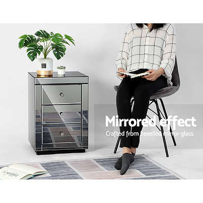 Mirrored Bedside table Drawers Furniture Mirror Glass Presia Smoky Grey - Brand New - Free Shipping