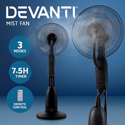 Mist Fan Pedestal Fans Cool Water Spray Timer Remote 5 Blades Black - Brand New - Free Shipping