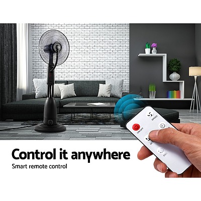 Mist Fan Pedestal Fans Cool Water Spray Timer Remote 5 Blades Black and Silver - Brand New - Free Shipping