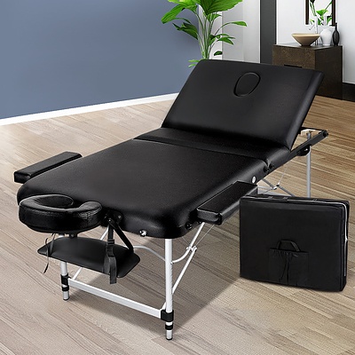 70cm Wide Portable Aluminium Massage Table 3 Fold Treatment Beauty Therapy Black