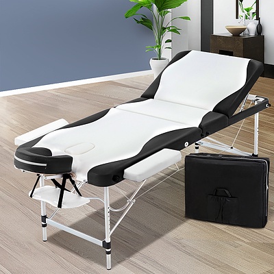 3 Fold Portable Aluminium Massage Table - Black & White