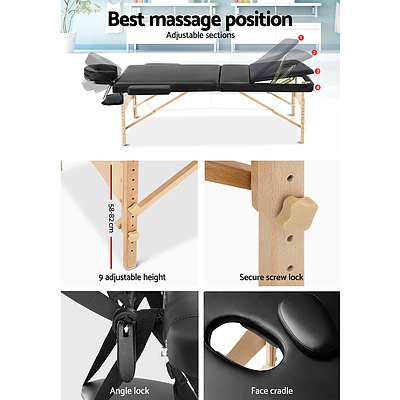 60cm Wide Portable Wooden Massage Table 3 Fold Treatment Beauty Therapy Black