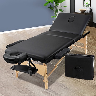 60cm Wide Portable Wooden Massage Table 3 Fold Treatment Beauty Therapy Black