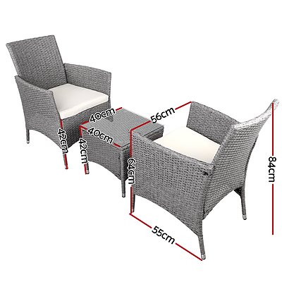 3 Piece Wicker Outdoor Chair Side Table Furniture Set - Grey - Brand New - Free Shipping