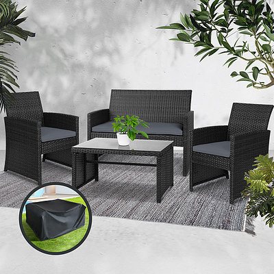 Set of 4 Outdoor Rattan Chairs & Table - Black 