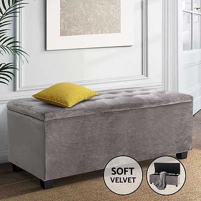Storage Ottoman Blanket Box Velvet Foot Stool Rest Chest Couch Toy Grey - Brand New - Free Shipping