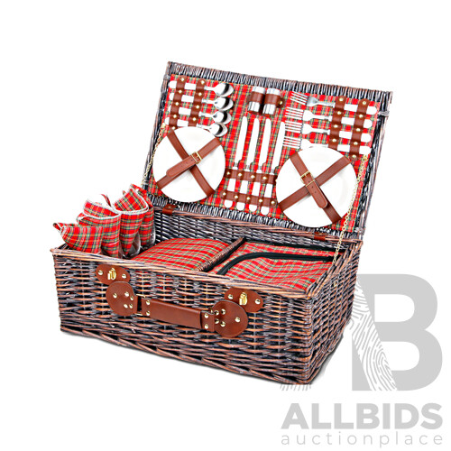 Alfresco 4 Person Picnic Basket Wicker Picnic Set Outdoor Insulated Blanket - Brand New - Free Shipping