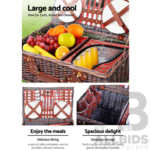 Alfresco 4 Person Picnic Basket Wicker Picnic Set Outdoor Insulated Blanket - Brand New - Free Shipping