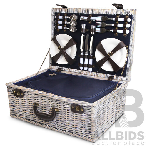 6-Person Picnic Basket Cooler Bag Wicker PU Fastening Straps Plates - Brand New - Free Shipping