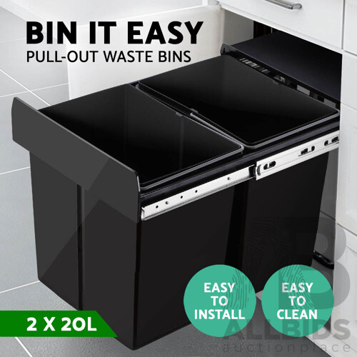 Set of 2 20L Twin Pull Out Bins - Grey - Brand New - Free Shipping