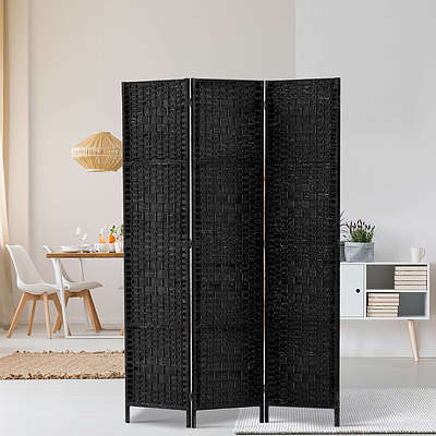 3 Panel Room Divider Privacy Screen Rattan Woven Wood Stand Black - Brand New - Free Shipping