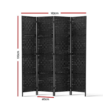 4 Panel Room Divider Privacy Screen Rattan Woven Wood Stand Black - Brand New - Free Shipping