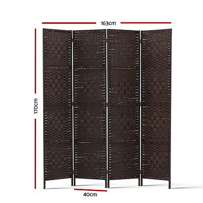 4 Panel Room Divider Privacy Screen Rattan Woven Wood Stand Brown - Brand New - Free Shipping