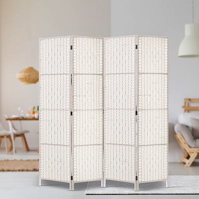 4 Panels Room Divider Screen Privacy Rattan Timber Fold Woven Stand White - Brand New - Free Shipping