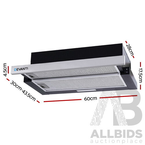 Rangehood Range Hood Stainless Steel Slide Out Kitchen Canopy 60cm 600mm Black - Brand New - Free Shipping