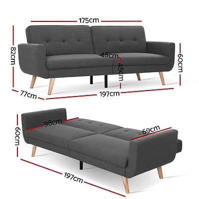 Sofa Bed Lounge Set Couch Futon 3 Seater Fabric Reliner 197cm Dark Grey - Brand New - Free Shipping