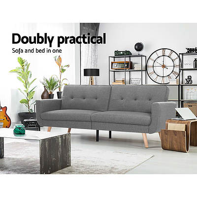 Sofa Bed Lounge Set Couch Futon 3 Seater Fabric Reliner 197cm Grey