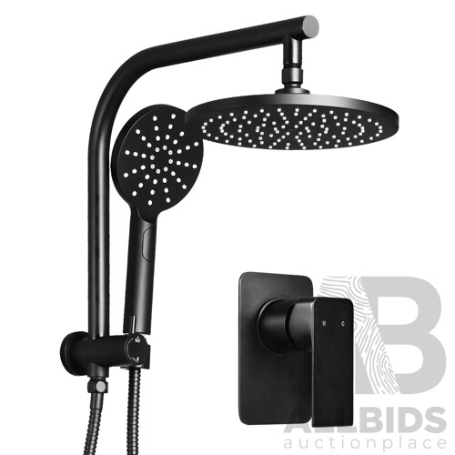 9 inch Rain Shower Head Round Wall Bathroom Arm Handheld Spray Bracket Rail Mat Black