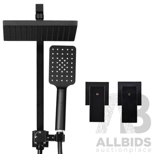 Square 8 inch Rain Shower Head & Taps Set Bathroom Handheld Spray Bracket Rail Mat Black