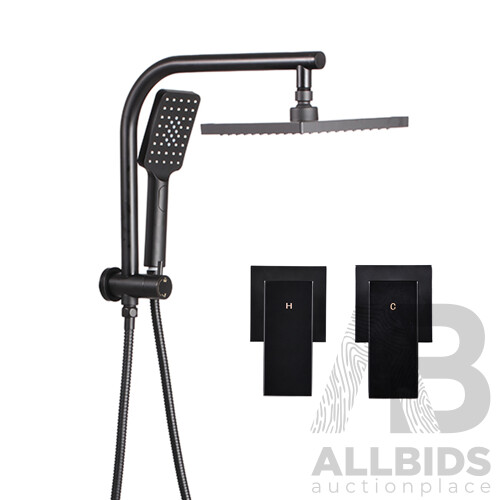 Square 8 inch Rain Shower Head & Taps Set Bathroom Handheld Spray Bracket Rail Mat Black