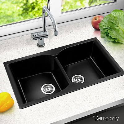 860 x 500mm Granite Double Sink - Black - Brand New