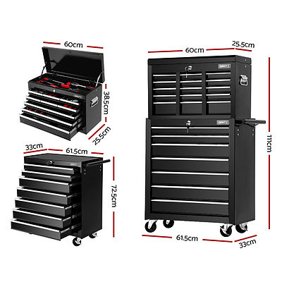 Tool Chest and Trolley Box Cabinet 16 Drawers Cart Garage Storage Black - Brand New - Free Shipping
