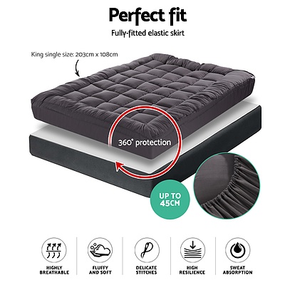 King Single Mattress Topper Pillowtop 1000GSM Charcoal Microfibre Bamboo Fibre Filling Protector - Brand New - Free Shipping
