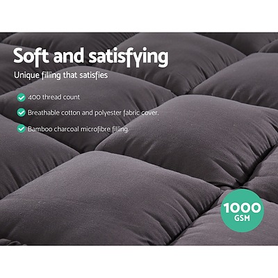 Single Mattress Topper Pillowtop 1000GSM Charcoal Microfibre Bamboo Fibre Filling Protector - Brand New - Free Shipping