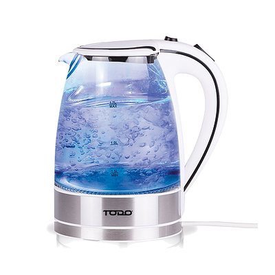 Todo 1.7L Glass Cordless Kettle 2200W Blue Led Light Electric Water Jug White - RRP: $109