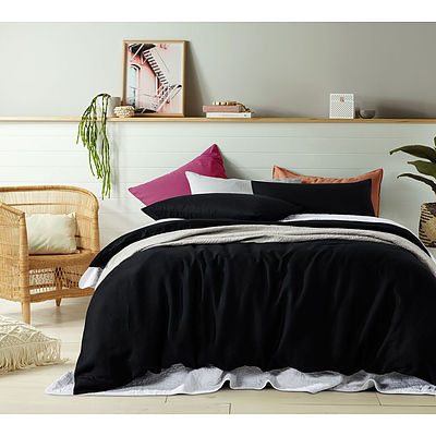 Queen Bed Vintage Design Black 100% Linen Quilt Cover Set